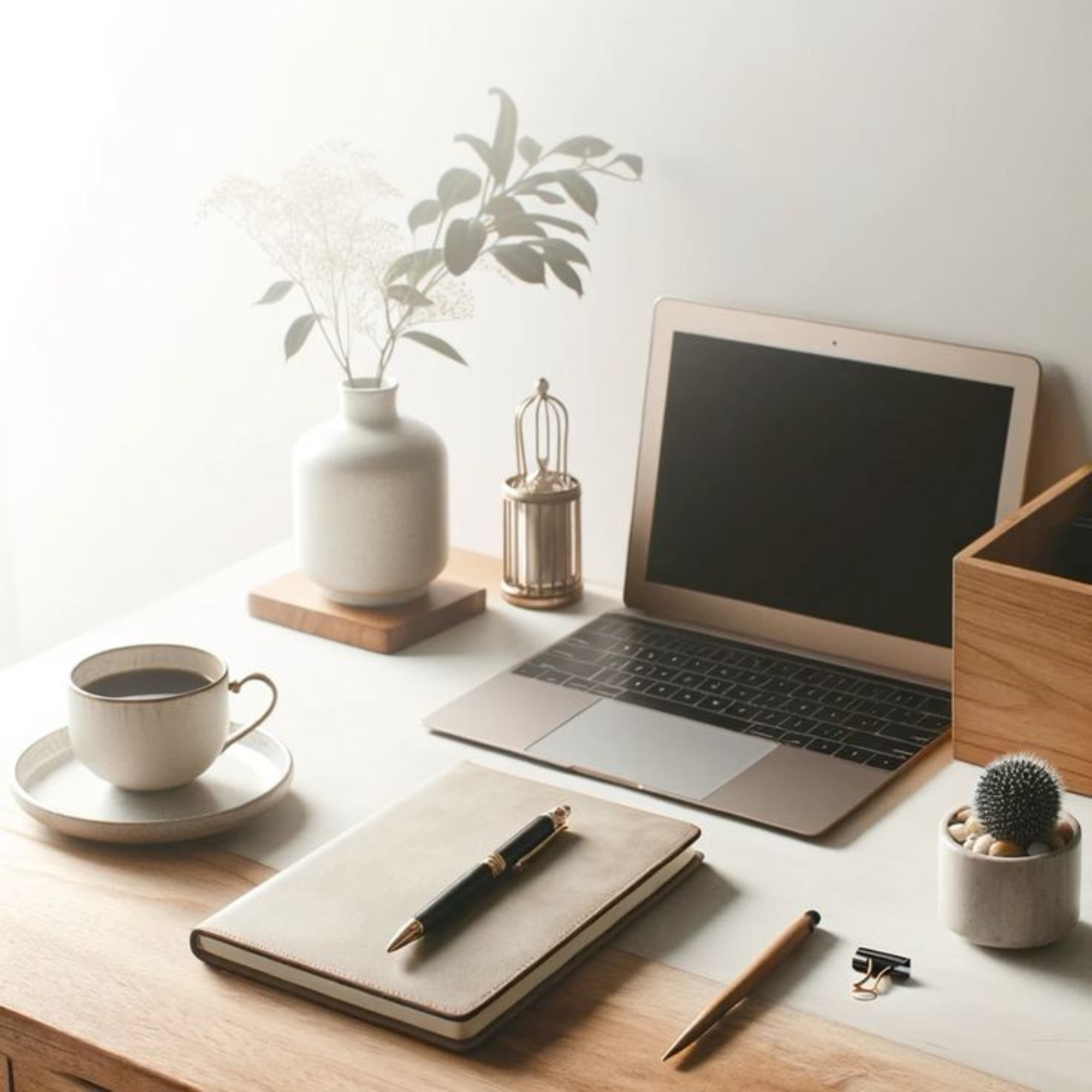 Heller, minimalistischer Arbeitsplatz mit Laptop, Notizbuch, Tasse und Vase